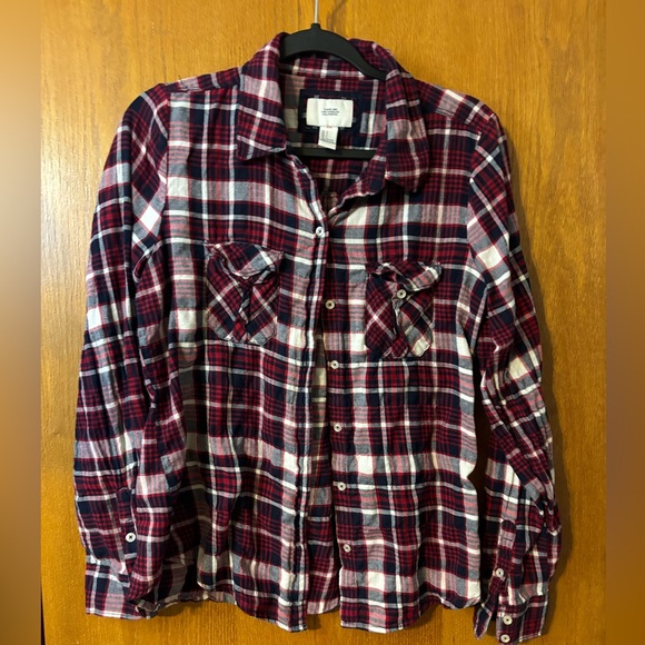 I Love H81 Shirt Womens Large Red/blue Button Up Long Sleeve Plaid Blouse - Picture 1 of 5